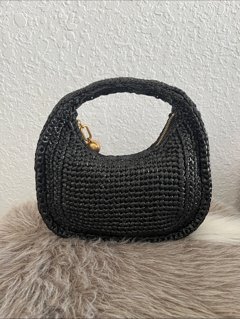 Oroton Clara Mini Straw Bag in Black